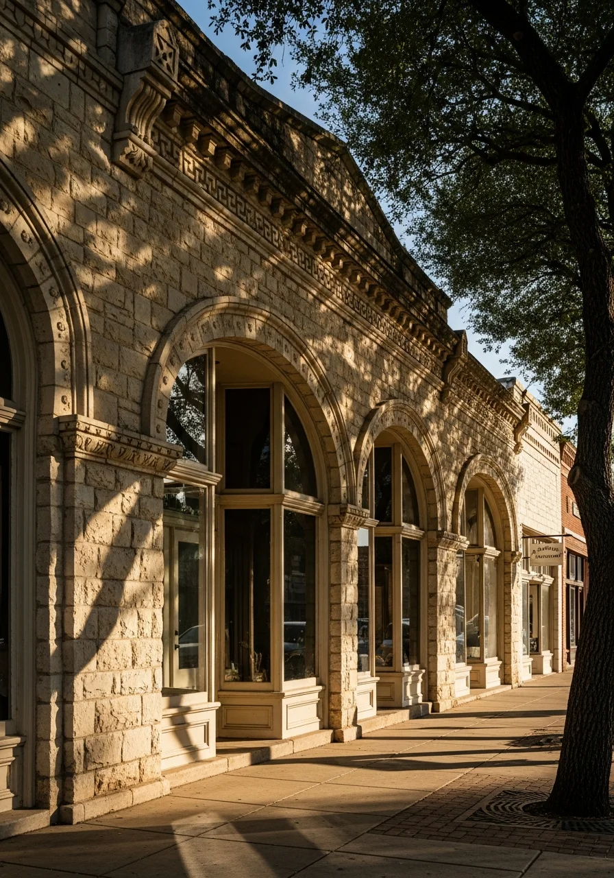 Historic Boerne downtown storefront with limestone architecture and tree-shaded street.