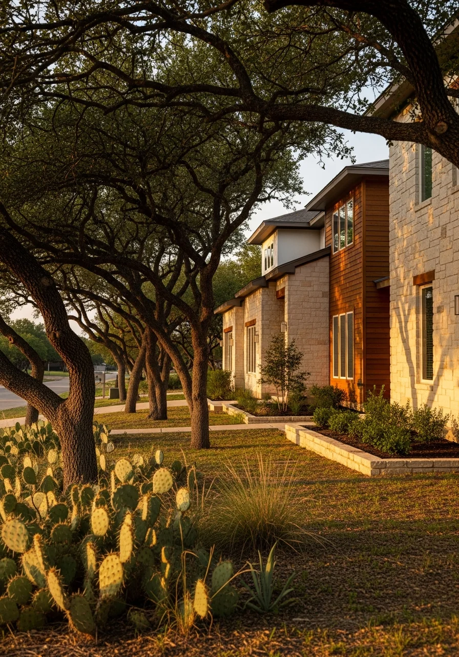 Close-up of a Bulverde home exterior with modern design and established yard features.