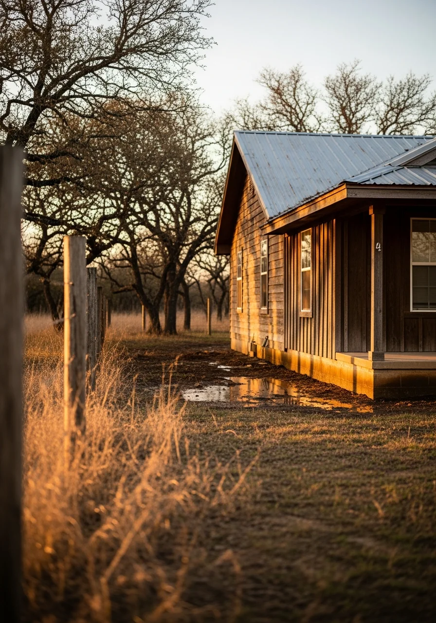 Close-up of a La Vernia home exterior with rural setting and natural landscape features.