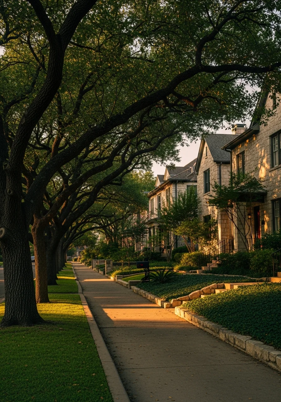 Close-up of a residential street in a San Antonio neighborhood with mature trees and varied home styles.