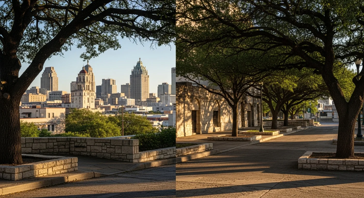 Wide view of San Antonio skyline with downtown buildings and tree-lined streets in the foreground.