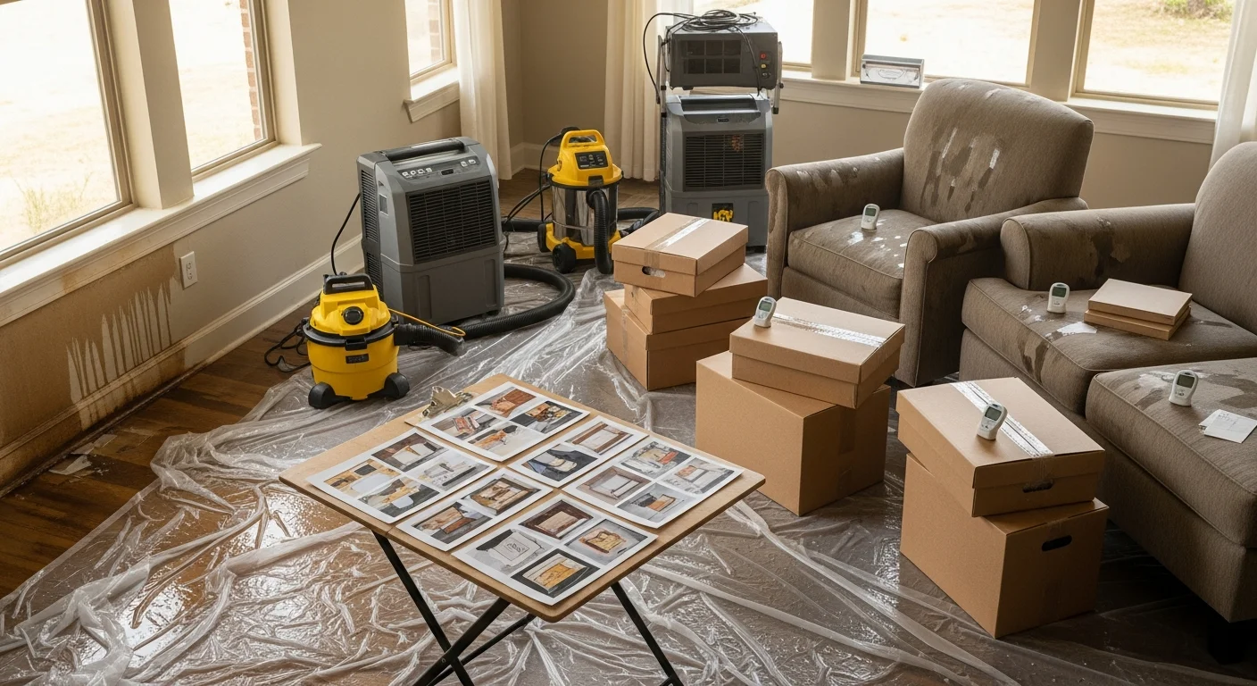 A restoration technician carefully inventorying and packing water-damaged furniture and personal belongings inside a San Antonio home following a water intrusion event. Labeled boxes and a written item log are visible on a dry surface nearby.