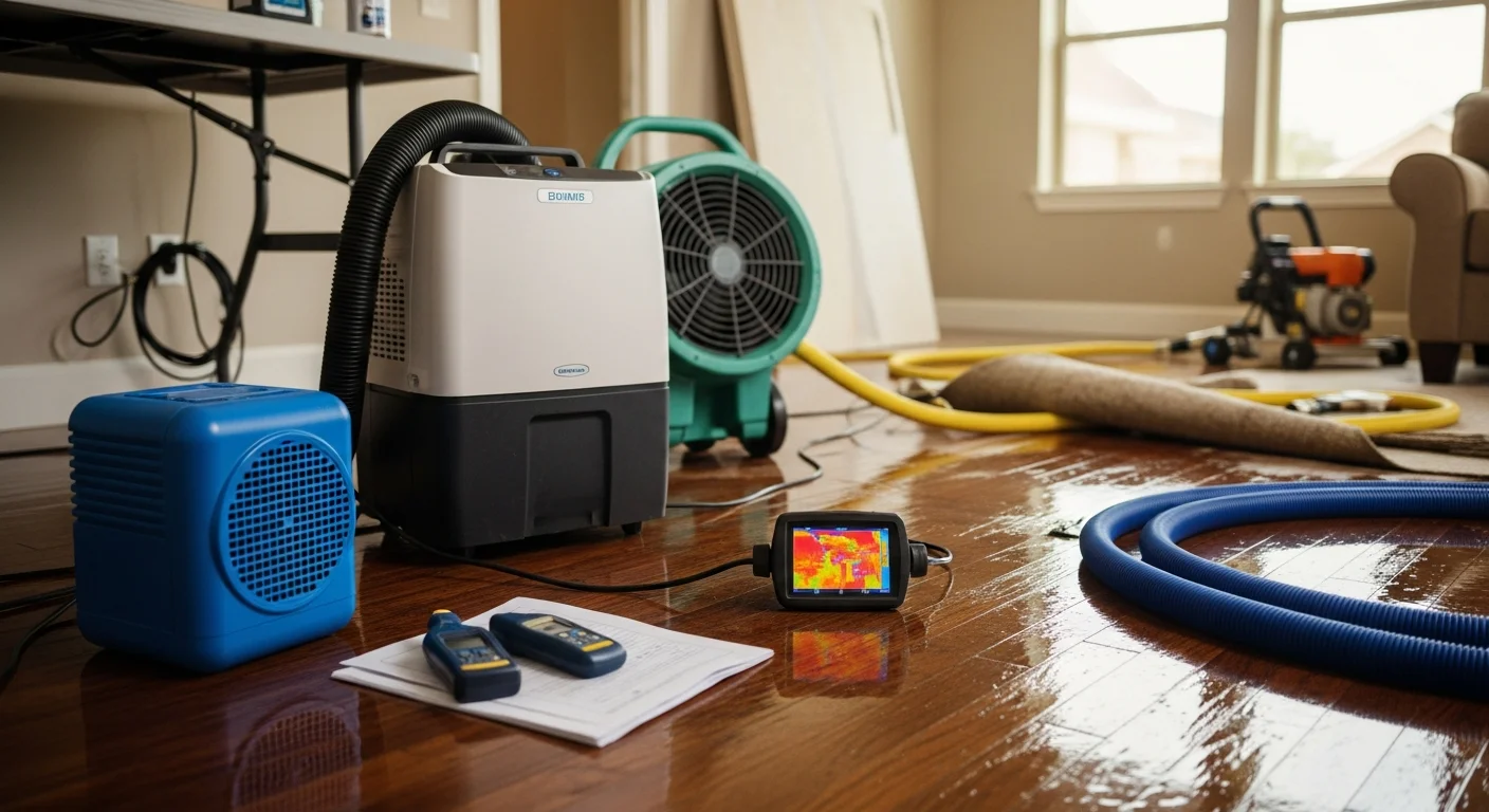 A Restoration Rescue technician using commercial water extraction equipment on a flooded living room floor inside a San Antonio home. Industrial drying units are positioned along water-damaged baseboards and walls.