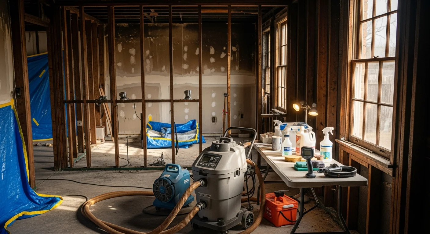 Interior of a San Antonio home showing fire and soot damage on walls and ceiling during professional cleanup. A restoration technician assesses smoke residue and structural damage in a room affected by fire.