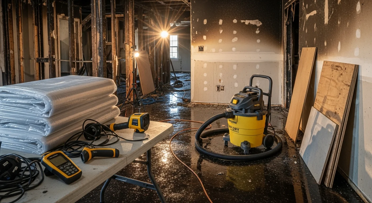 A San Antonio home interior showing fire mitigation work in progress, with boarded windows, soot-covered walls being assessed, and protective sheeting isolating the affected area from the rest of the structure.
