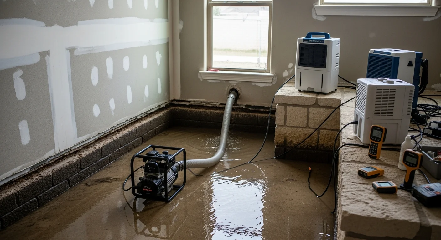 A Restoration Rescue technician using water extraction equipment on a flooded residential floor in San Antonio, Texas. Standing water is visible near interior walls with drying equipment staged in the background.