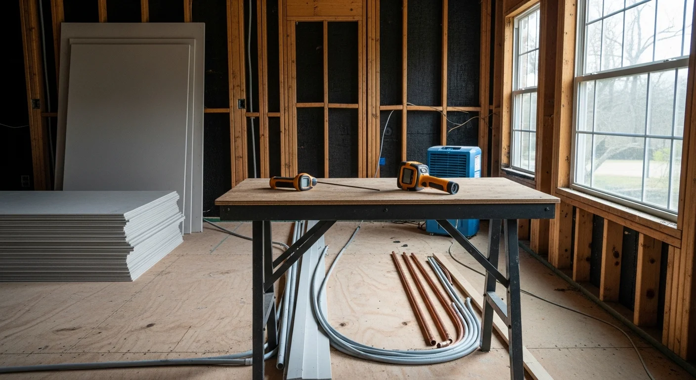 Interior of a San Antonio home mid-reconstruction after fire damage, showing new framing, fresh drywall installation, and clean subfloor where burned materials were removed. A restoration crew works on rebuilding the damaged room to pre-loss condition.