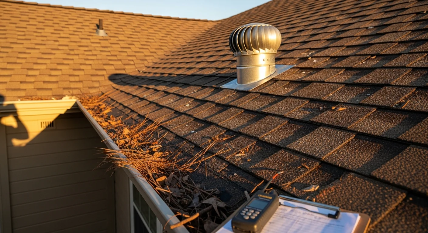 A Restoration Rescue roofing inspector examining shingle condition and flashing on a residential roof in San Antonio, Texas. Close-up view shows granule loss patterns and a documented inspection checklist on a sun-exposed asphalt shingle roof.