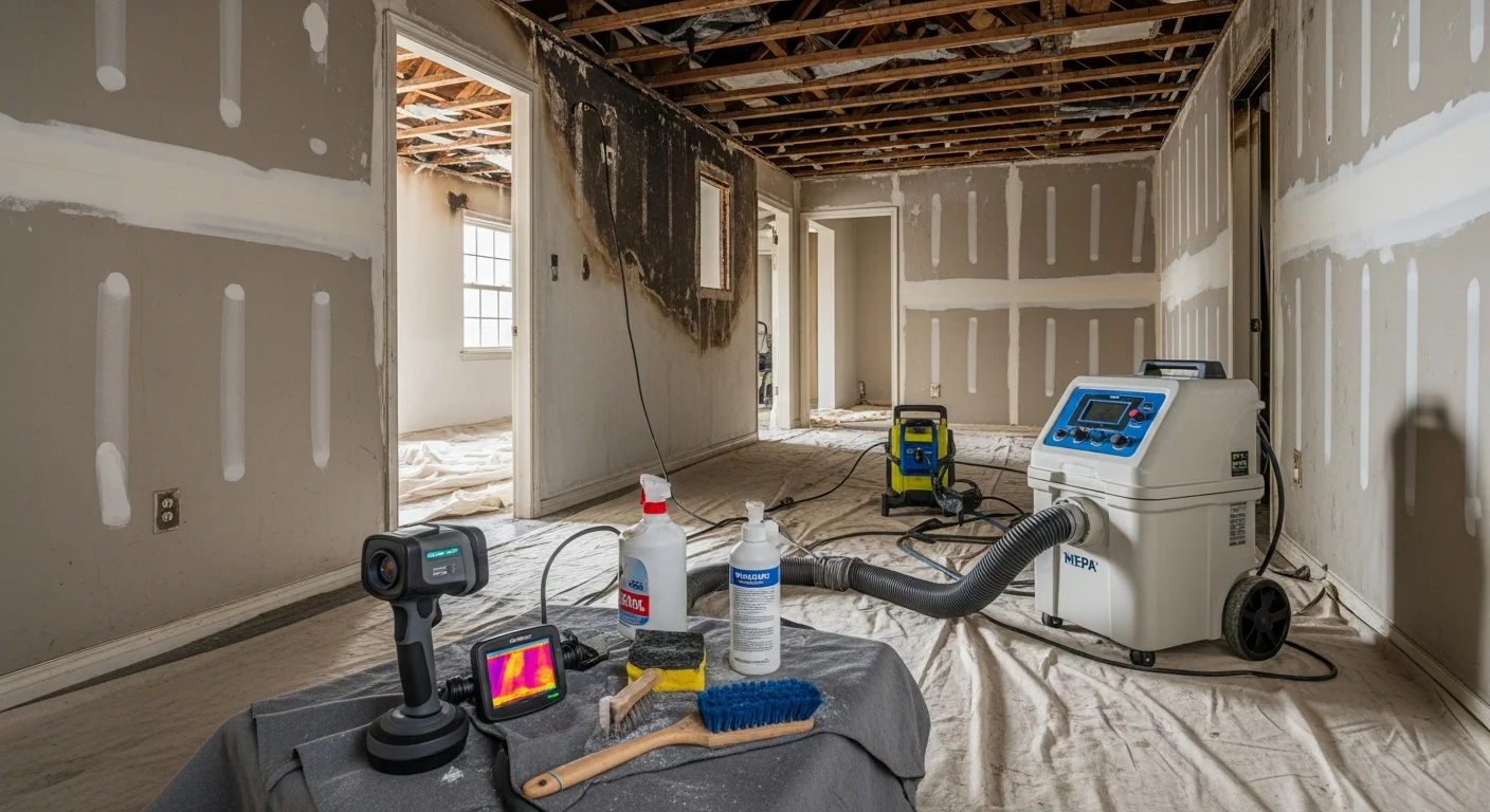 A San Antonio living room showing soot-stained walls and ceiling after a residential fire, with a restoration technician inspecting surfaces before smoke damage cleanup begins. Discoloration is visible across the upper wall plane and around the ceiling light fixtures.