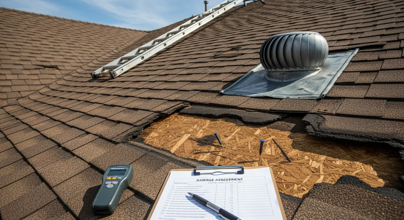 A San Antonio residential roof showing hail-damaged asphalt shingles with visible granule loss and a missing shingle section near the ridge. A Restoration Rescue crew member inspects the storm damage up close from the roof surface.