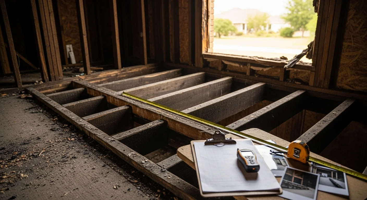 Exposed wood framing inside a fire-damaged San Antonio home showing charred wall studs and roof joists being assessed for structural repair. A restoration technician inspects load-bearing components before reconstruction begins.