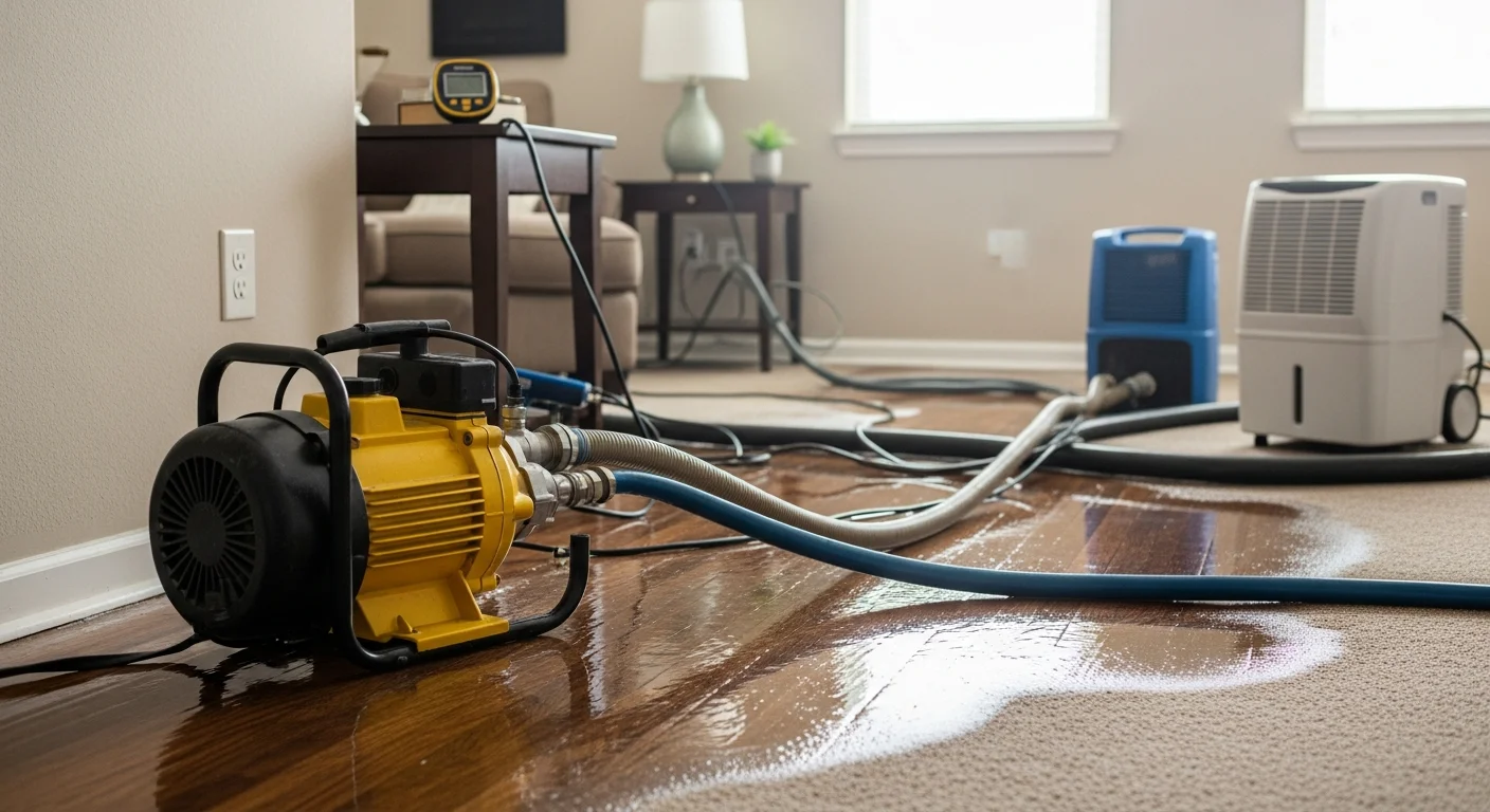 A Restoration Rescue technician operating an industrial water extraction unit on a saturated living room floor inside a San Antonio home after storm flooding. Standing water is visible near the baseboards, with extraction hoses running to the affected carpet and subfloor area.