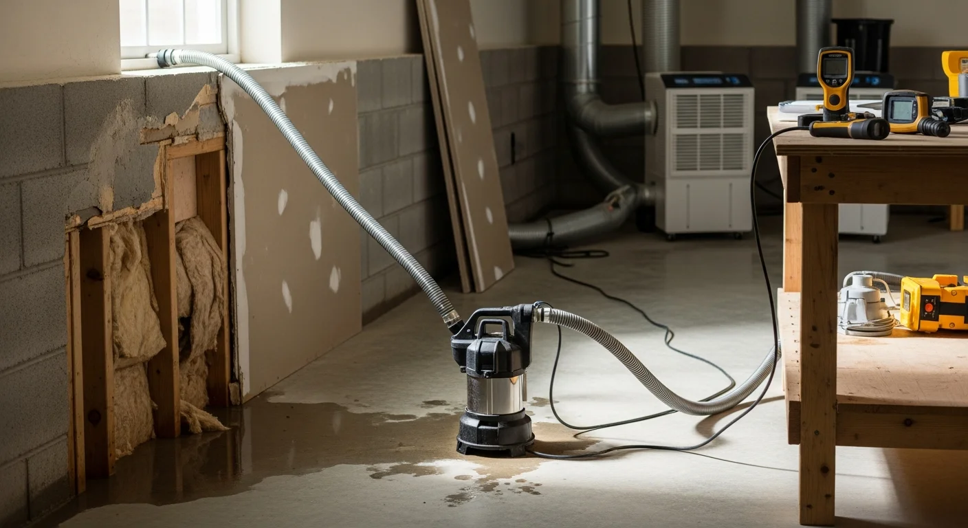 A Restoration Rescue technician using a moisture meter on a water-damaged drywall section inside a San Antonio home. Industrial air movers and a dehumidifier are positioned on the wet floor nearby.